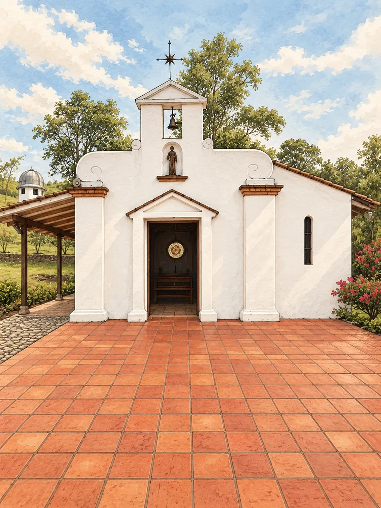 Capilla blanca con patio de baldosas de barro