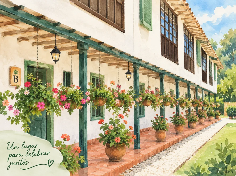 Corredor del hotel con macetas de flores y columnas verdes