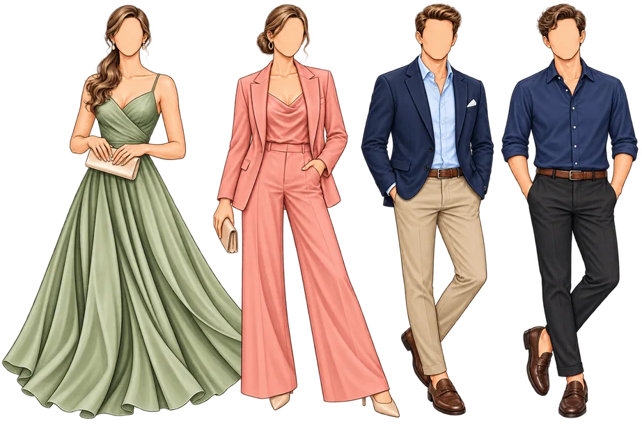 Ilustración de cuatro invitados: vestido largo verde, traje de pantalón rosa, traje azul con pantalón beige y camisa azul con pantalón oscuro